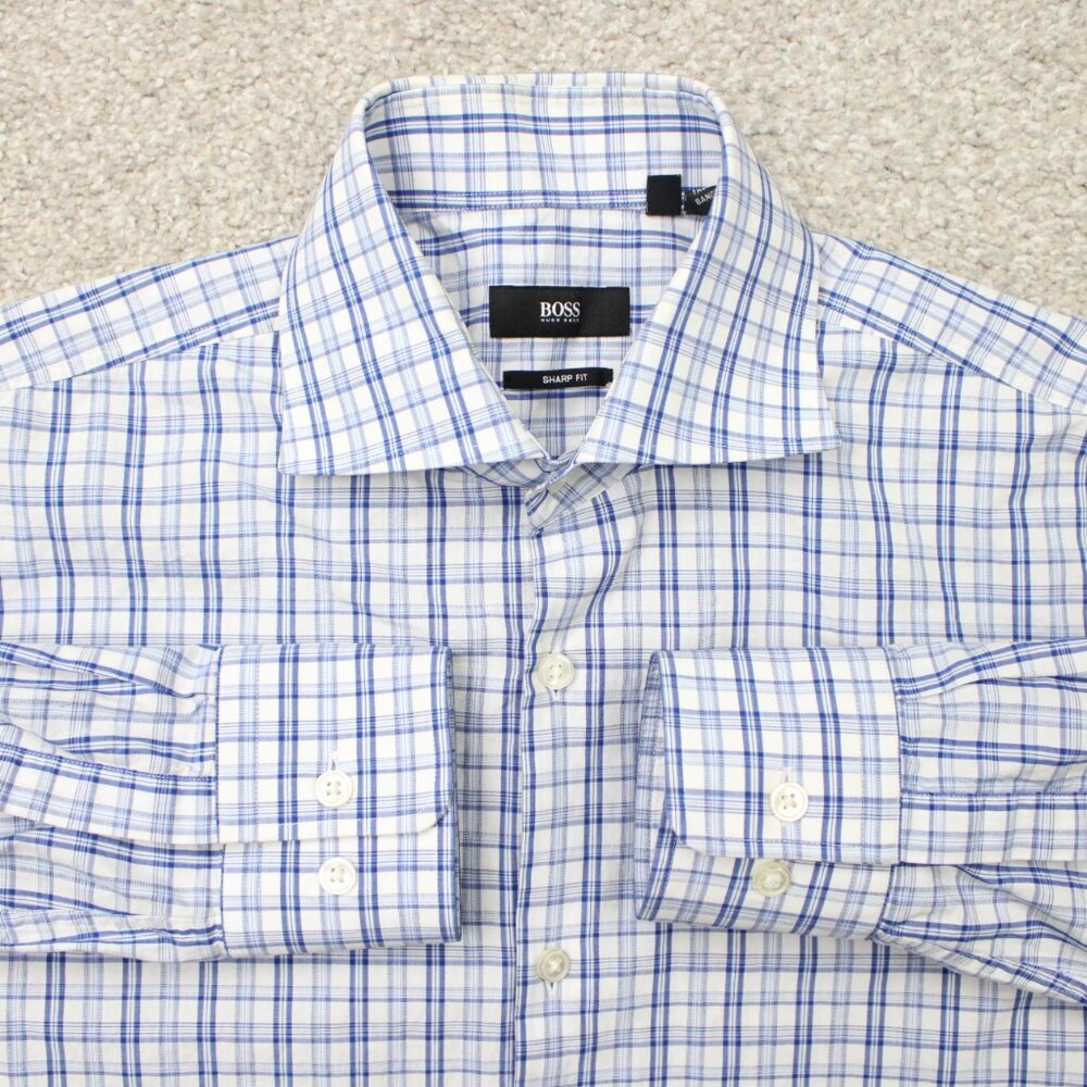 BOSS Hugo Boss Dress Shirt Mens 15, 32/33 Blue Sharp Fit Long Sleeve Button Up